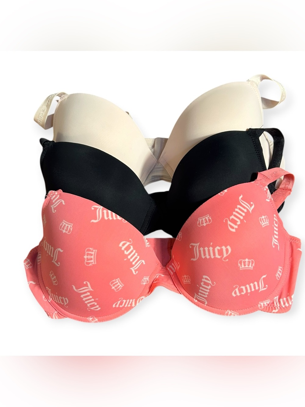 Juicy Couture 3-Pack Sexy Push-Up Bras Coral, Black & Light Pink 38D